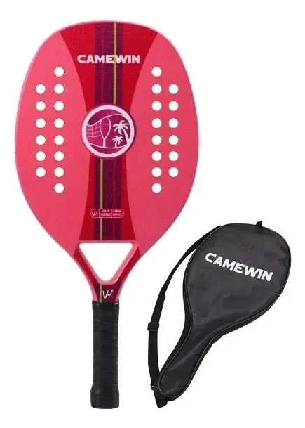 Raquete de beach tennis Camewin rosa com furos e capa protetora preta