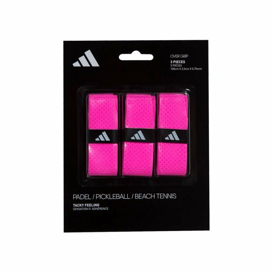 Pacote com três overgrips Adidas rosa para raquetes de padel, pickleball e beach tennis, com textura perfurada e sensação aderente.
