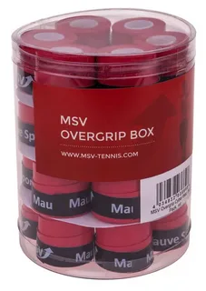 Caixa cilíndrica MSV com overgrips vermelhos para tênis, embalagem esportiva de alta durabilidade e conforto na empunhadura.