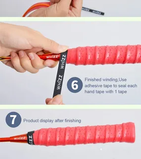 Passo a passo de finalização de grip em raquete esportiva com fita adesiva preta WHIZZ.