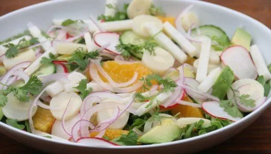 Salada fresca colorida em tigela branca com abacate, rabanete, palmito, jicama, laranja, pepino e coentro.