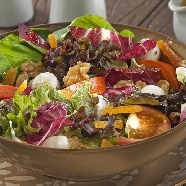 Salada mista colorida em tigela marrom com folhas verdes, radicchio, espinafre, tomate, muçarela de búfala, nozes e tiras de damasco seco.