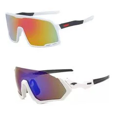 Óculos esportivos com lentes espelhadas vermelhas e azuis, design envolvente e proteção UV para beach tennis e atividades ao ar livre.