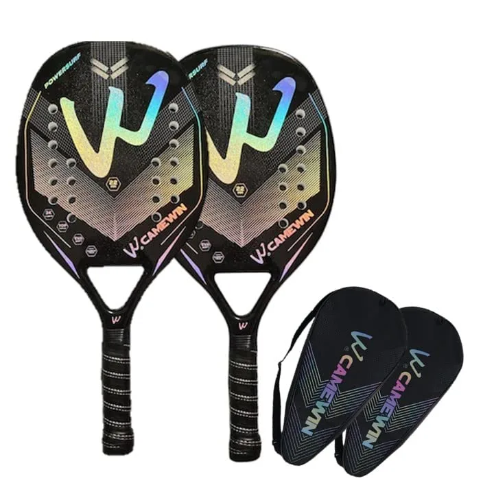Conjunto de duas raquetes de beach tennis pretas com design iridescente colorido e capas protetoras da marca CAMEWIN.