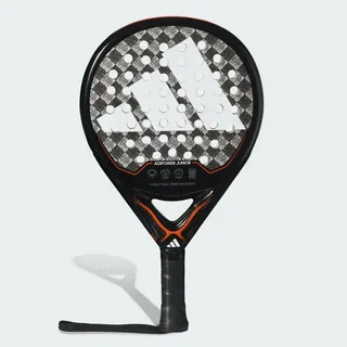Raquete de padel Adidas Adipower Junior com design em preto, branco e detalhes em laranja. A face apresenta o logotipo Adidas em destaque e furos simétricos, com cabo preto e alça de segurança.