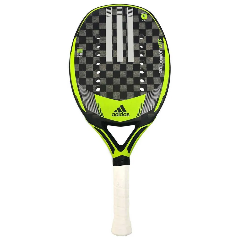 Raquete Adidas Adipower ATK Beach Tennis com design moderno em preto e verde neon, padrão quadriculado em carbono e logotipo Adidas centralizado.