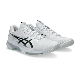 Par de tênis esportivos Asics brancos com detalhes em preto, exibindo o logotipo característico da marca nas laterais, solado em borracha e design moderno voltado para performance e conforto.