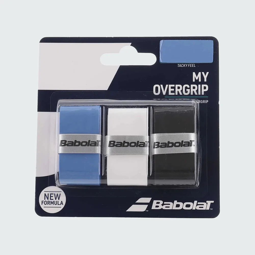Embalagem de grips Babolat My Overgrip com três unidades nas cores azul, branca e preta, exibindo o logo da marca em prata.