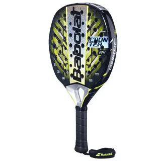 Raquete de padel Babolat Counter Viper com design moderno em preto, amarelo e prata, formato em gota e superfície perfurada, destacando o logotipo da marca e detalhes técnicos como “3D”, “X5” e “3K1”.