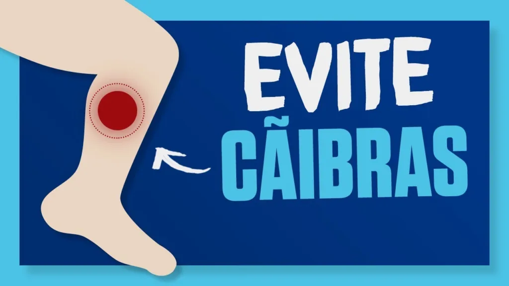 Ilustração de uma perna com destaque em vermelho na panturrilha, indicando dor muscular, acompanhada do texto “Evite Cãibras” em letras grandes brancas e azuis sobre fundo azul.