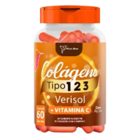 Frasco de suplemento alimentar Vitas Ren Colágeno Tipo 1, 2 e 3 Verisol com vitamina C, tampa laranja e cápsulas vermelhas, indicado para pele, cabelo e unhas, com fórmula sem açúcar.