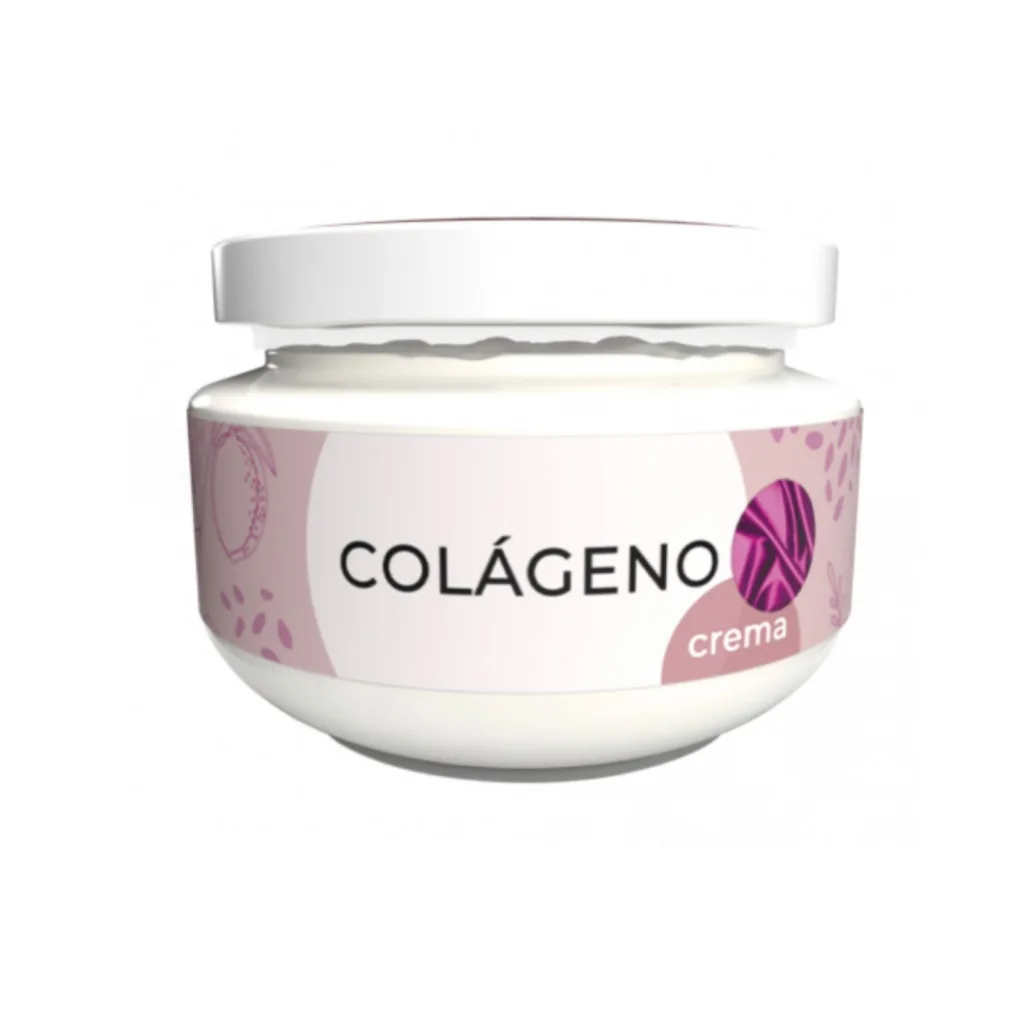 Pote redondo de creme facial com tampa branca e rótulo em tons de rosa e lilás, identificado como “Colágeno crema”, sugerindo produto cosmético para hidratação e firmeza da pele.