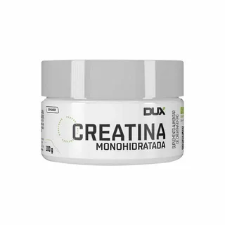Pote de creatina monoidratada da marca DUX, com design minimalista em branco e cinza, exibindo o nome do produto em letras pretas e a indicação de 100g.