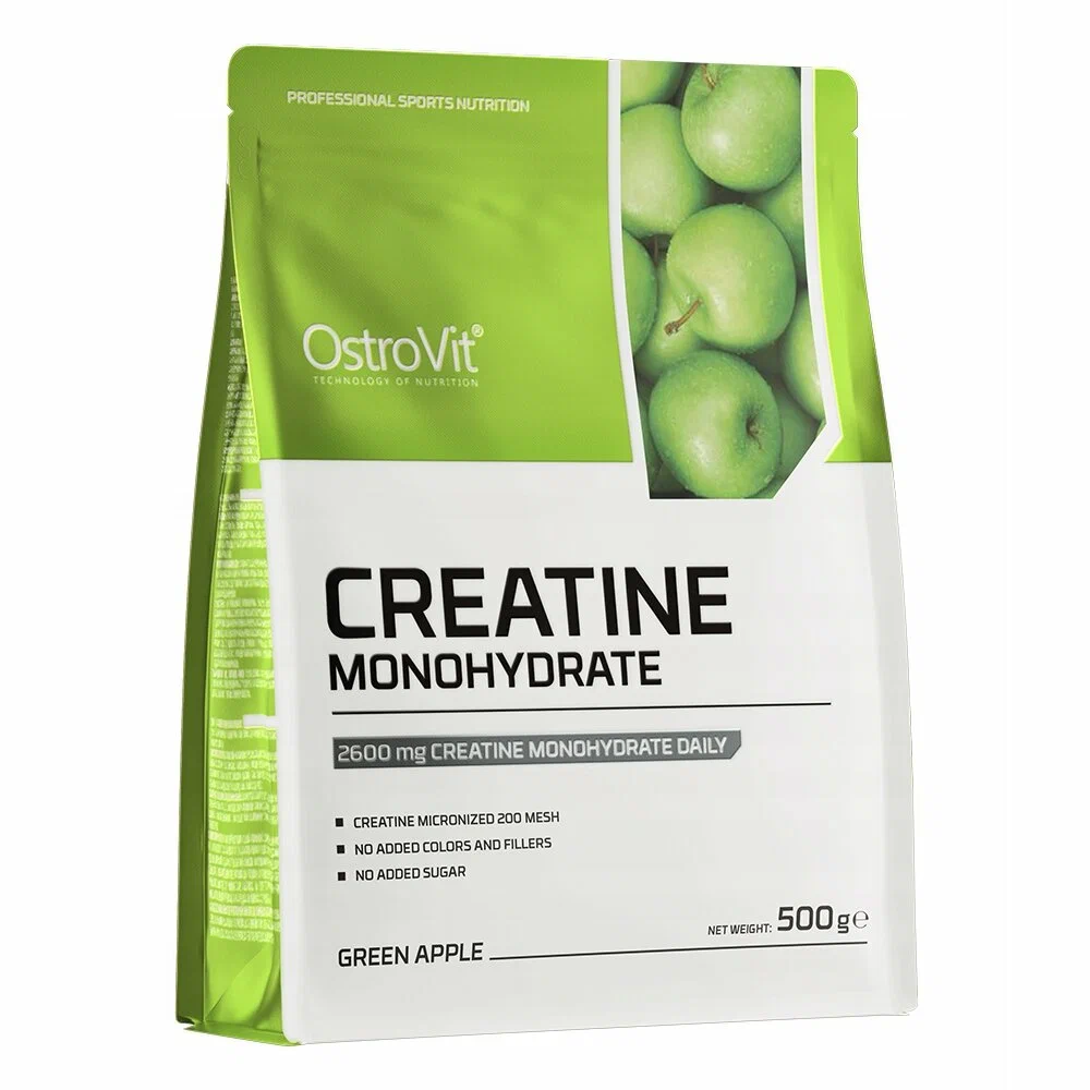 Embalagem de creatina monoidratada sabor maçã verde da marca OstroVit, com design nas cores verde e branco e imagem de maçãs verdes no canto superior direito.