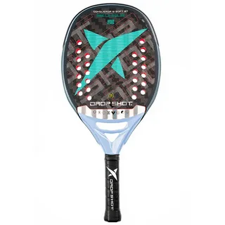 Raquete Drop Shot Conqueror 12 Soft BT para beach tennis, com design moderno em carbono, detalhes vermelhos e logo azul em formato de “X” no centro.