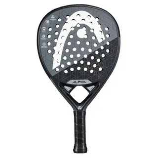 Raquete de padel Head Alpha Elite em formato lágrima, preta e cinza com linhas geométricas e logotipo HEAD em branco, empunhadura com grip preto.
