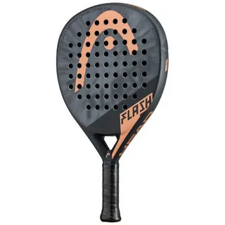 Raquete de padel Head Flash, com design em preto e cobre, formato de lágrima e furos simétricos na face, destacando o logotipo da Head e o nome “Flash” em letras angulares na parte inferior.