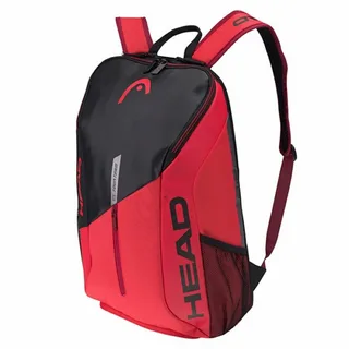 Mochila esportiva HEAD nas cores vermelha e preta, com alças acolchoadas, bolso frontal com zíper e logotipo da marca em destaque.