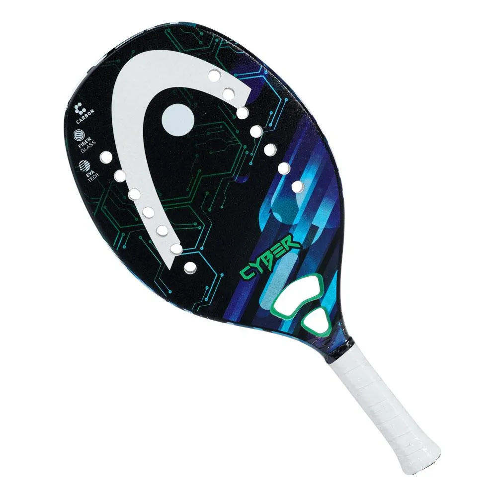 Raquete de padel Head Cyber com design tecnológico em preto, azul e verde, superfície perfurada e detalhes gráficos que lembram circuitos eletrônicos, destacando o logotipo da marca e o nome “Cyber” em fonte futurista.