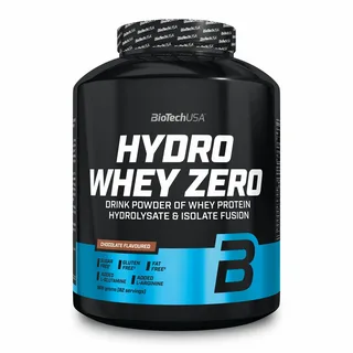 Pote preto e azul de suplemento BioTechUSA Hydro Whey Zero sabor chocolate, com destaque para os dizeres “Sugar Free”, “Gluten Free” e “Fat Free” na embalagem.