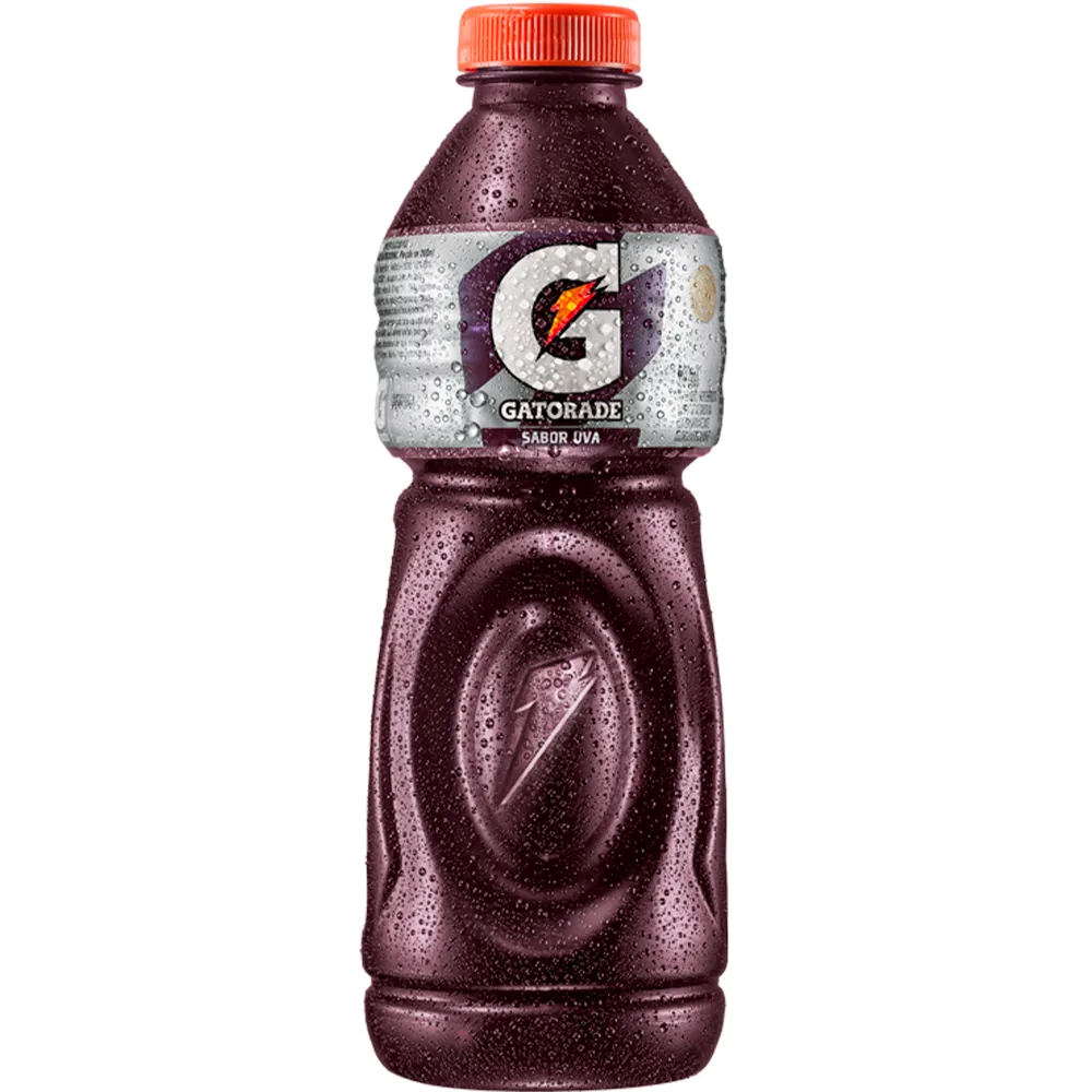 Garrafa de Gatorade sabor uva, com tampa laranja e rótulo prateado, bebida esportiva conhecida por repor eletrólitos e hidratar durante treinos intensos.