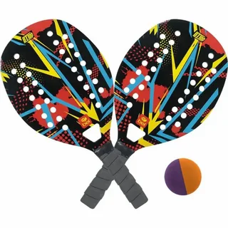 Duas raquetes de beach tennis Bel BT100 com design vibrante em preto, vermelho, azul e amarelo, exibindo furos simétricos e empunhadura preta, acompanhadas de uma bola bicolor roxa e laranja.