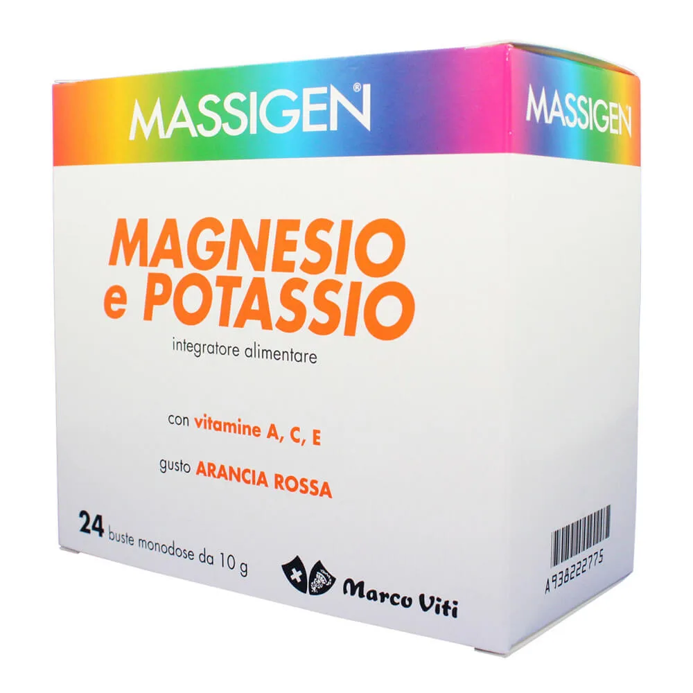 Caixa branca do suplemento Massigen Magnésio e Potássio, com faixa superior em arco‑íris e texto em laranja destacando vitaminas A, C e E, sabor laranja vermelha, contendo 24 sachês monodose de 10 g.
