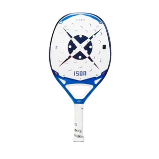 Raquete profissional de tênis de praia modelo Heroes Ison Air Legacy, com face branco, design central de um grande "X" azul escuro, armação e cabo azul brilhante com empunhadura branca, isolado sobre fundo preto.