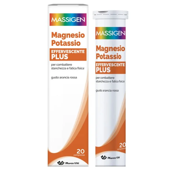 Dois frascos do suplemento Massigen Magnésio Potássio Effervescente Plus, sabor laranja vermelha, com embalagem branca e detalhes em laranja e arco-íris no topo, contendo 20 comprimidos efervescentes.