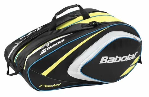 Bolsa esportiva Babolat Padel nas cores preta, amarela, branca e azul, com design aerodinâmico e logotipo da marca em destaque.