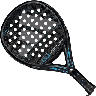 Raquete de padel Adidas Adipower com design moderno em preto e azul, textura de carbono e furos simétricos na face. O logotipo Adidas aparece em destaque no centro, com detalhes técnicos visíveis na estrutura.