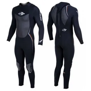 Macacão de neoprene Mormaii preto com detalhes cinza e laranja, mostrado nas vistas frontal e traseira, ideal para esportes aquáticos e proteção térmica.