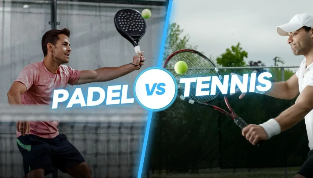 Comparação visual entre padel e tênis, mostrando jogador com raquete de padel em quadra fechada e atleta com raquete de tênis em quadra aberta, com texto central “Padel vs Tennis”.