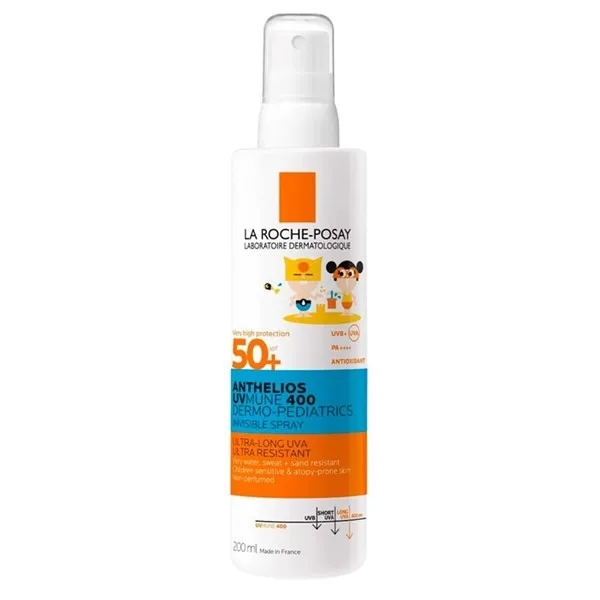 Frasco de spray La Roche-Posay Anthelios UVMune 400 Dermo-Pediatrics FPS 50+, branco com detalhes em laranja e azul, contendo ilustrações infantis na parte superior.