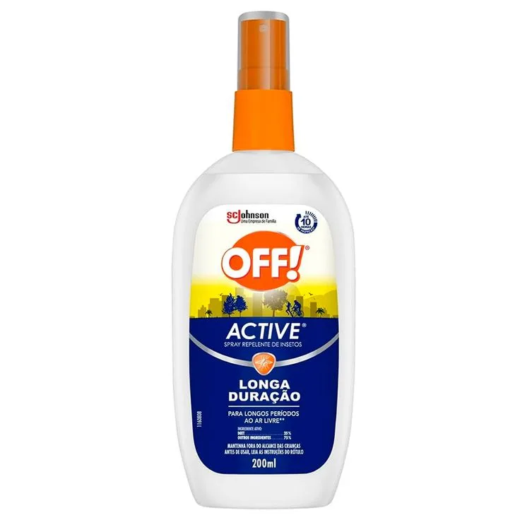 Frasco de spray repelente de insetos OFF! Active, com tampa e aplicador laranja, indicado para uso ao ar livre e longa duração.