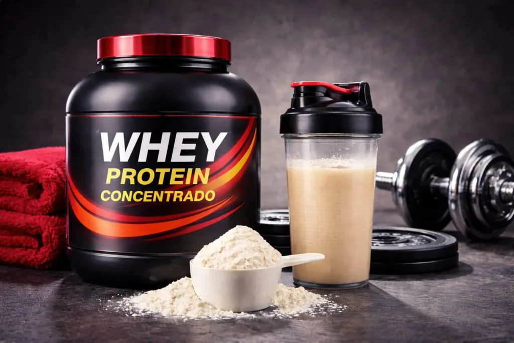 Whey protein concentrado em pote com scoop de suplemento em pó e shake proteico ao lado, ideal para ganho de massa muscular e recuperação pós-treino.