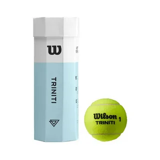 Lata de bolas de tênis Wilson Triniti ao lado de uma bola amarela com o logo da marca em destaque.