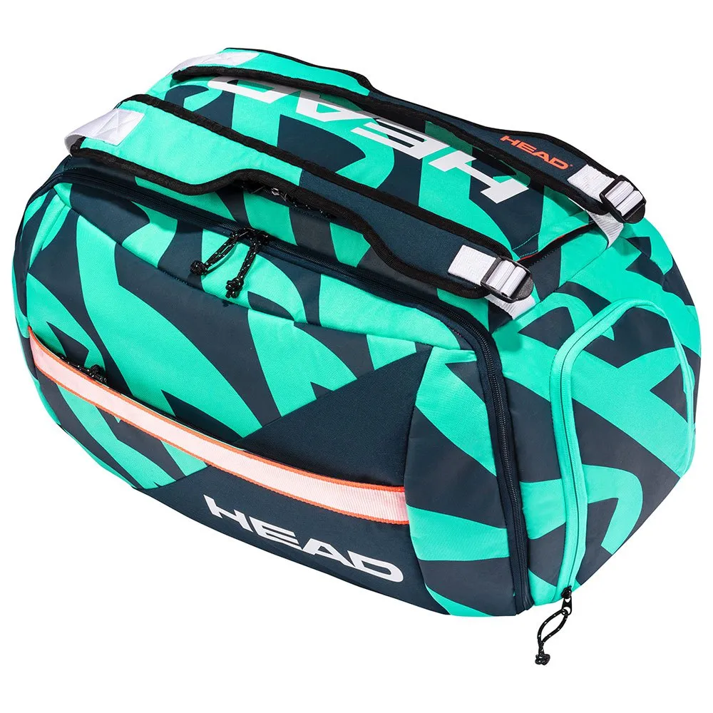 Bolsa esportiva HEAD em azul turquesa e azul marinho, com design geométrico moderno, múltiplos compartimentos e logotipo HEAD em branco.