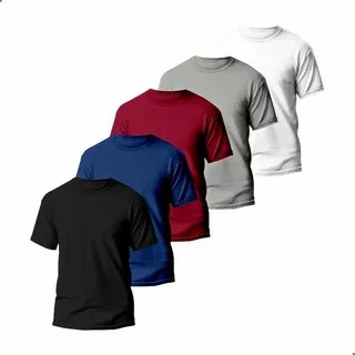 Cinco camisetas básicas de manga curta dispostas em fileira diagonal sobre fundo branco, nas cores preta, azul, vermelha, cinza e branca. Todas têm gola redonda e design simples.