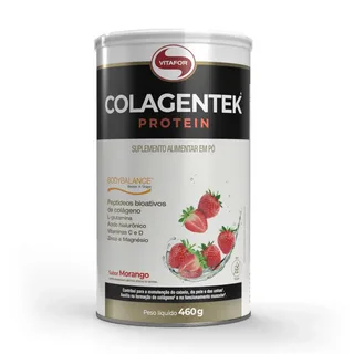 Lata de suplemento alimentar Vitafor Colagentek Protein sabor morango, com design preto e branco e detalhes dourados, mostrando morangos frescos e informações sobre peptídeos bioativos de colágeno, vitaminas C e D, zinco e magnésio.