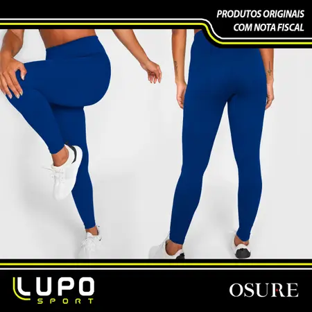 Mulher vestindo calça legging esportiva azul da marca Lupo, mostrada em duas poses — lateral e traseira — com tênis branco, sobre fundo branco.