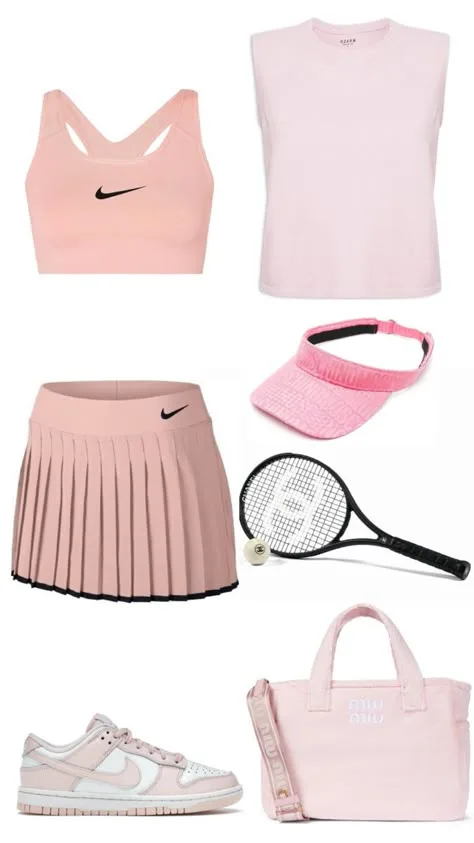 Conjunto de roupas e acessórios esportivos femininos em tons de rosa claro, incluindo top Nike, regata, saia plissada, viseira, tênis, bolsa e raquete de tênis, dispostos sobre fundo branco.