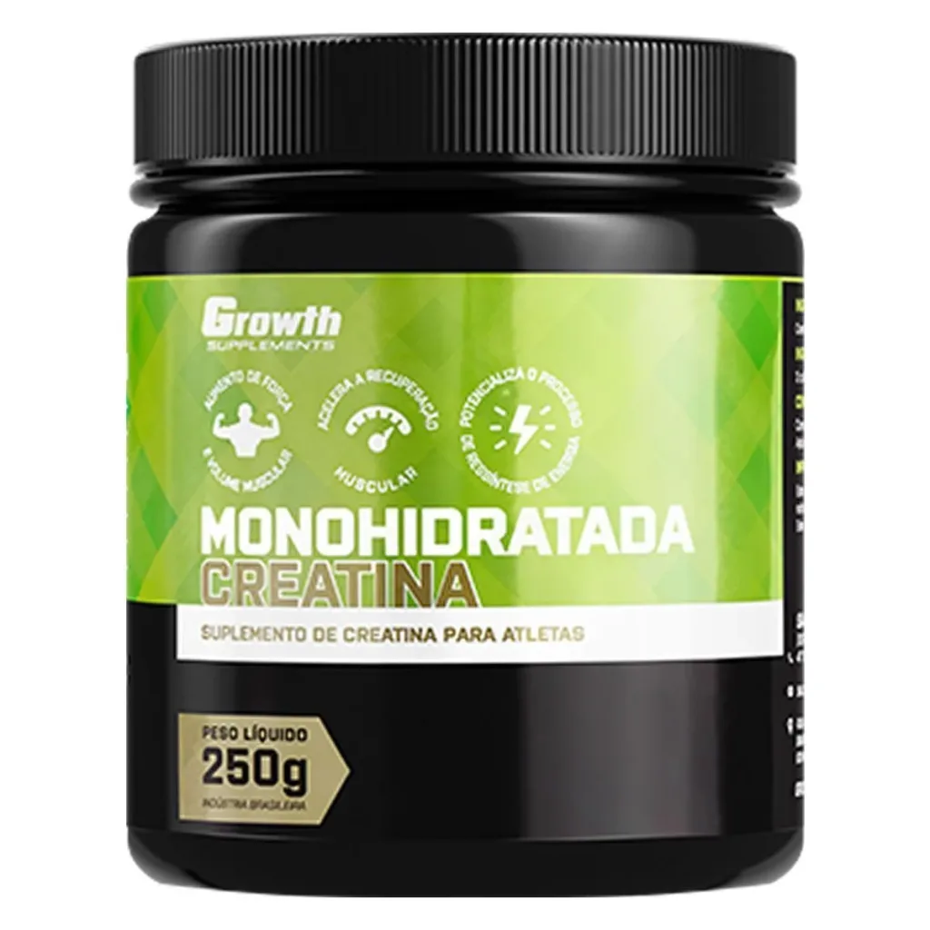 Pote de creatina monoidratada da marca Growth Supplements, com rótulo verde e preto e tampa preta, destacando informações sobre aumento de força, recuperação muscular e resistência.