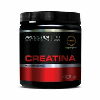 Pote de creatina monoidratada pura da marca Probiótica, com rótulo preto e vermelho e tampa preta, exibindo o logotipo Creapure e a indicação de 400g.