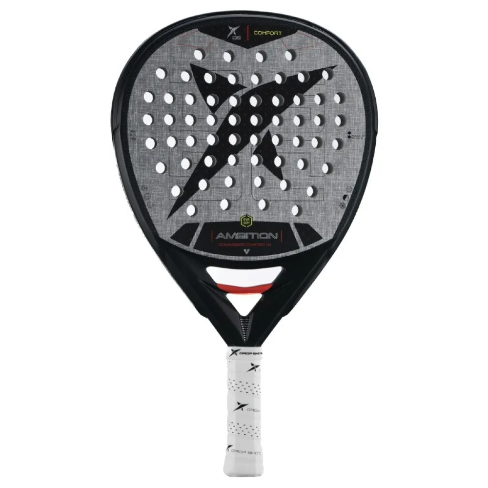 Raquete de padel Drop Shot Conqueror em formato lágrima, superfície cinza com logo em “X” preto e detalhes vermelhos e brancos no aro.
