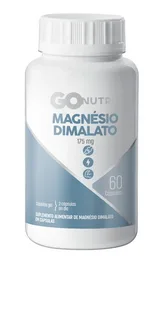 Frasco branco de suplemento alimentar GO Nutri Magnésio Dimalato 175 mg, com rótulo azul e branco, contendo 60 cápsulas em gel.