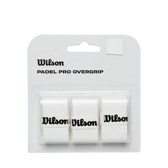 Pacote Wilson Padel Pro Overgrip com três unidades brancas, embaladas em plástico transparente, logotipo Wilson em destaque na parte superior.