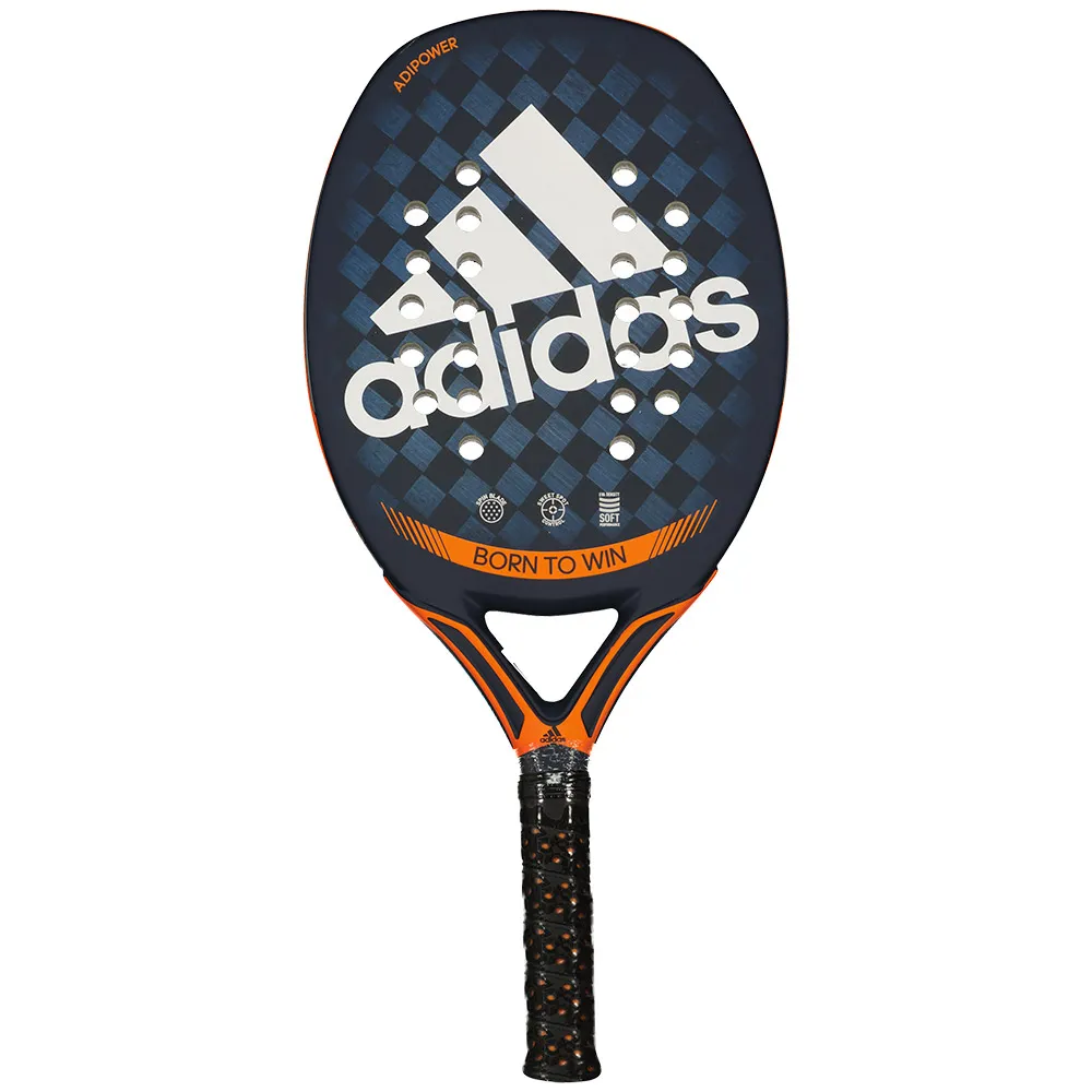 Raquete Adidas Adipower Beach Tennis com design azul e preto em padrão quadriculado, detalhes em laranja e logotipo Adidas branco centralizado.
