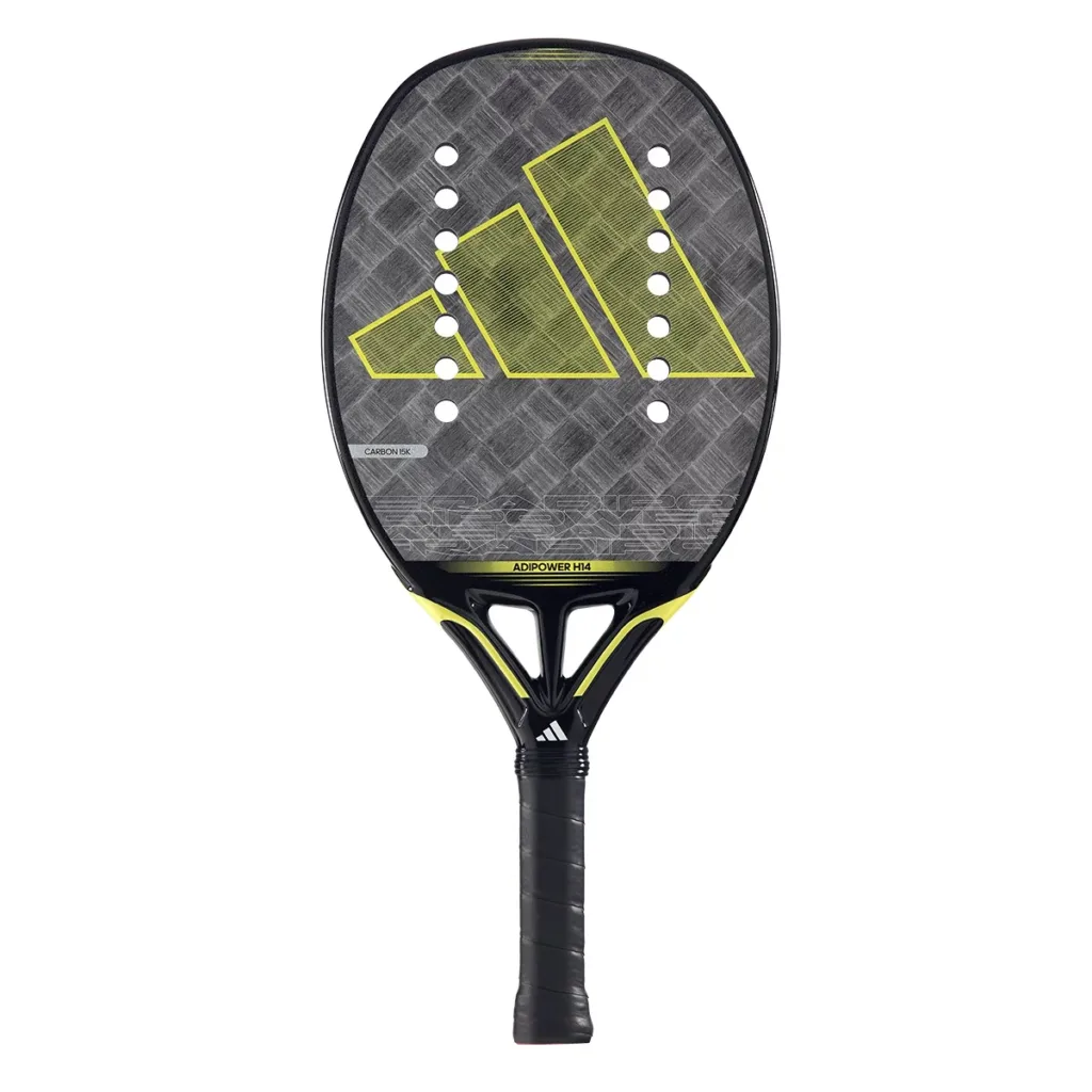Raquete Adidas Adipower H14 Beach Tennis com design moderno em tons de cinza e amarelo, estrutura em carbono 18K e logotipo Adidas centralizado em destaque.