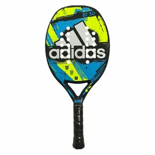 Raquete de beach tennis Adidas BT 3.0 com design moderno nas cores preto, azul e amarelo neon, exibindo o logotipo da marca em branco e superfície perfurada para melhor aerodinâmica e controle.